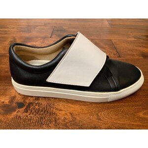 All Black Black & White Leather Hook and Loop Sneakers, Size 38